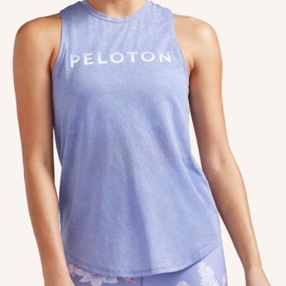 Peloton Agility Mood Muscle Tank Top Womens L Blue Heather Foil Graphic Stretch